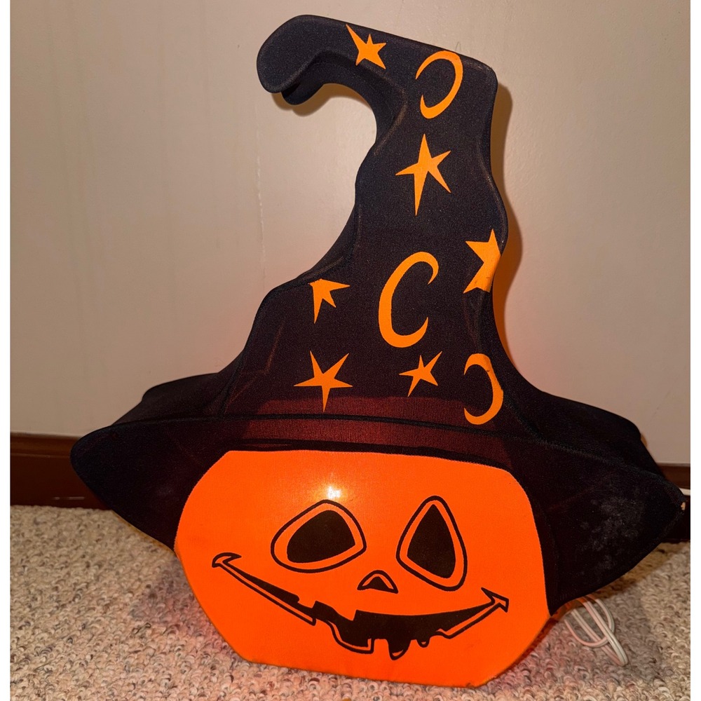 Vintage Trendmasters Halloween Pumpkin Wizard Hat Lighted Decor 15 Inch 90s